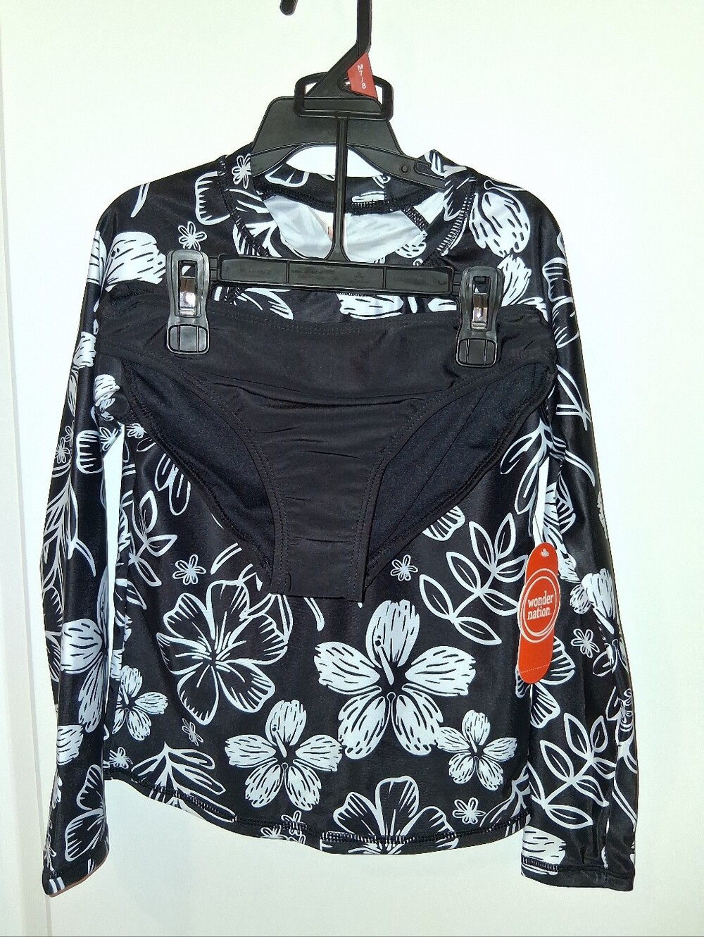 NEW Wonder Nation Black & White Floral Rash Guard Two-Piece Swim Set Girl's 7 8